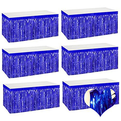Blue Metallic Foil Fringe Table Skirts 29x108 Inches for Party Decorations - 6 Pack
