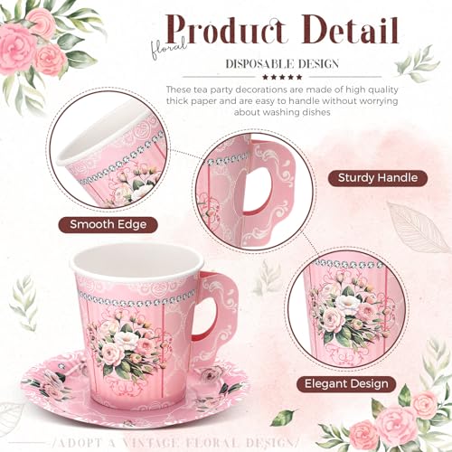 Pink Floral Paper Tea Cups and Saucers Set - 7 oz Disposable Party Drinkware