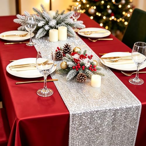 Sequin Tassel Table Runner 12x108 Inch Silver for Christmas and Events - ShinyBeauty