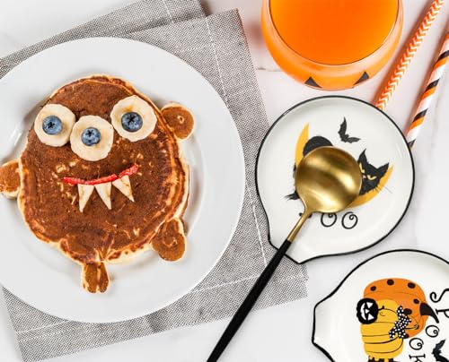Black Cat Ceramic Spoon Rest with Yellow Pumpkin & Moon Variation, Halloween Kitchen Decor