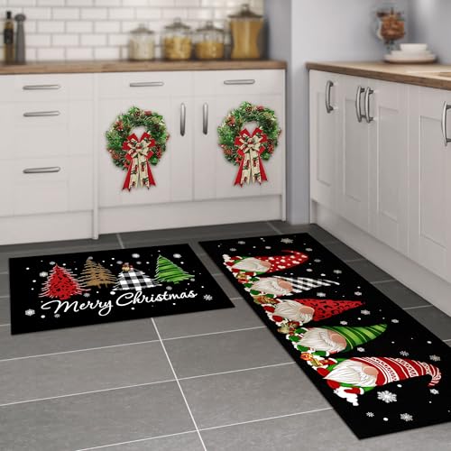 Black Christmas Kitchen Rugs Set of 2 - Festive Gnome & Buffalo Plaid Decor