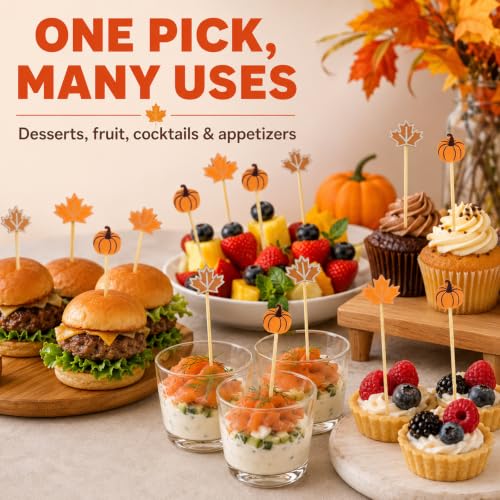 Fall Pumpkin Maple Cocktail Picks - 100PCS Autumn-themed Bamboo Skewers with Variations Orange & Brown