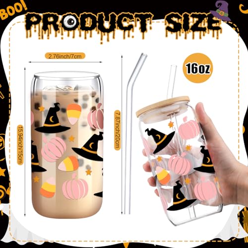 Halloween Ghost Glass Cups with Lids & Straws - 6 Pack, 16 oz - Pink Ghost Variation