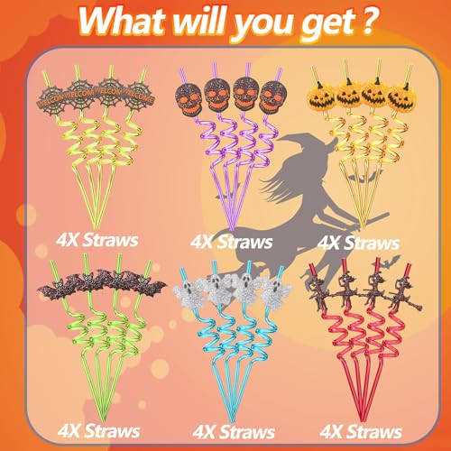 Halloween Glitter Crazy Straws Set - 24pcs with Pumpkins Ghosts & Brushes
