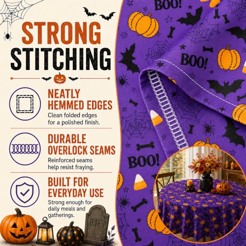 Purple Halloween Round Tablecloth 60 Inch Spooky Pumpkin Bat Design
