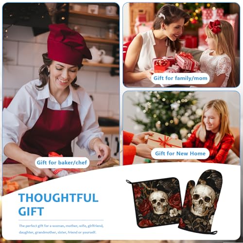 Halloween Skull Rose Crow Oven Mitts & Pot Holder Set - Heat Resistant Kitchen Accessories