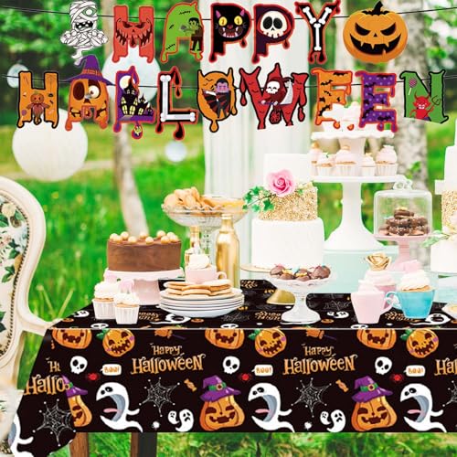 Halloween Disposable Plastic Tablecloths with Banner - 2 Pack, 54x108 Inch, Black & Orange