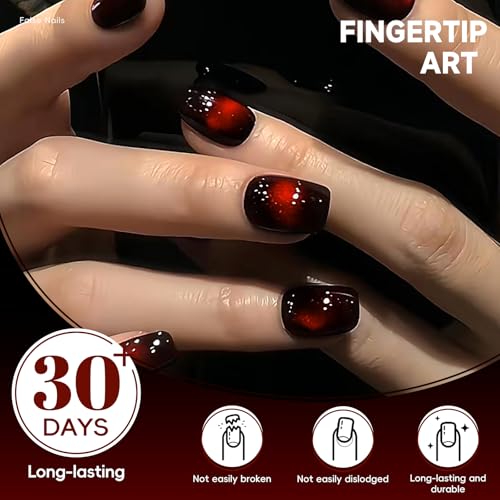 Press-On Nails Short Square Cherry & Black Red Cat Eye Design - 24pcs, Reusable Gel, Easy Application