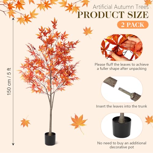 Artificial Maple Tree with Autumn Leaves - 4.92ft Fall Decor, 2 Pack