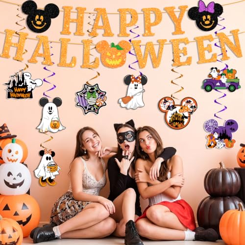 Halloween Decorations Glitter Banner Set with Ghost Pumpkin Witch Hat and Spooky Ornaments