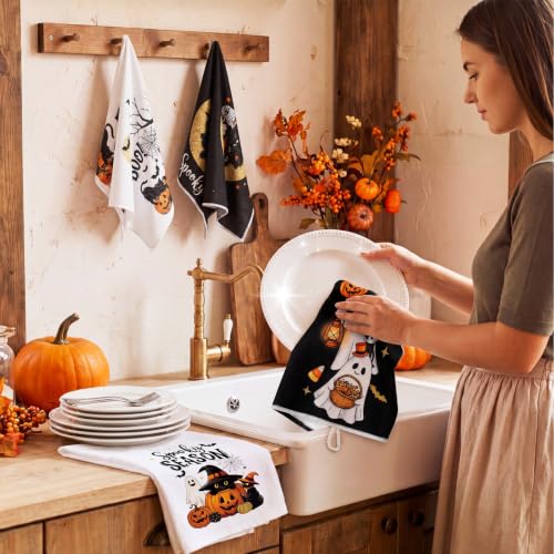 Halloween Ghost Kitchen Towels Set - 12 Spooky Pumpkin Dish Hand Towels with Variation Black+Pink