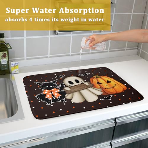 Halloween Dish Drying Mat - Spooky Pumpkin Ghost Black Cat Bats 24x18 Inch Reversible Kitchen Pad