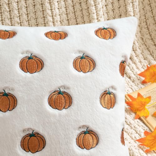 MIULEE Fall Pumpkin Embroidered Pillow Covers 18x18 - Rust & White, Pack of 2