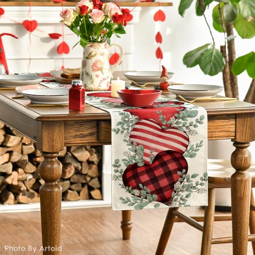 Eucalyptus Hearts Valentine's Day Table Runner 13x90 Inch - Red & Hearts Design