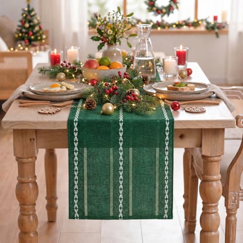 Green Rustic Cotton Linen Christmas Table Runner - 13x36 Inch Seasonal Decor