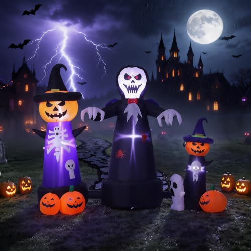 Large Outdoor Halloween Inflatable Decor with LED Lights, Grim Reaper & Pumpkins - 9FT
