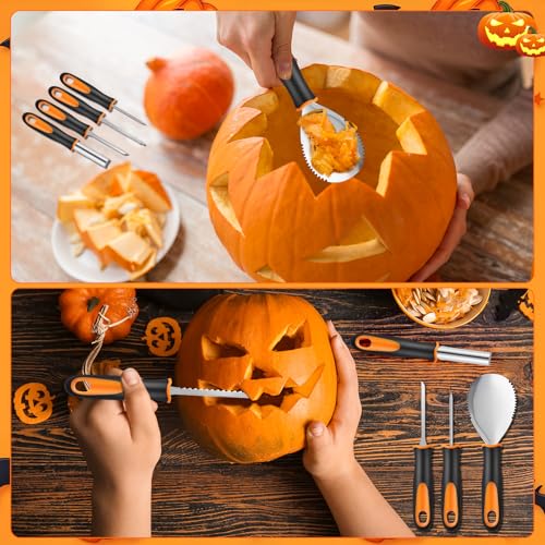 Halloween Pumpkin Carving Kit with 13 Stainless Steel Tools, 4 LED Lights & 18 Stencils