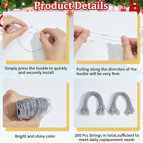 Silver Christmas Ornament Hangers Strings with Snaps - 200 Pack
