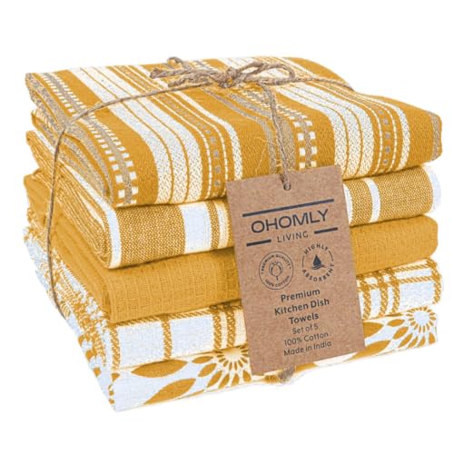 Kitchen Towels Set of 5 - 100% Cotton Dish Cloths with Hanging Loop - Mustard Yellow