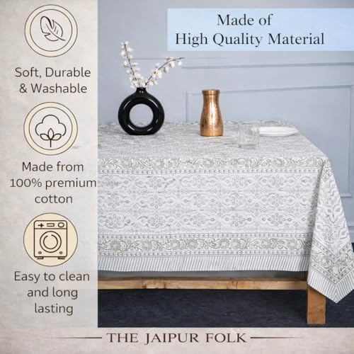 Hibiscus Grey Vine Floral Rectangle Cotton Tablecloth 72x120 Inch - Hand Block Printed for Dining & Festive Use