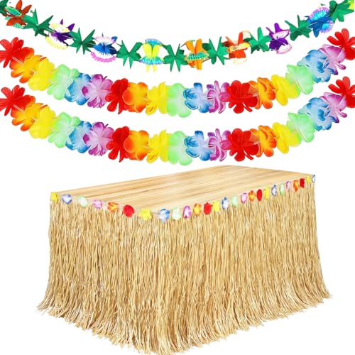 Grass Color Tropical Party Table Skirt & Leis Set - 9ft x 29.5in