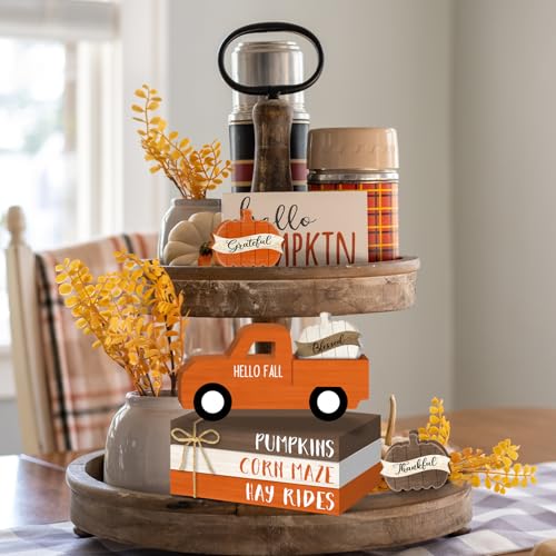 Fall Thanksgiving Tiered Tray Decor Set - 7 Pack Wooden Autumn Farmhouse Display - Variations of Fall