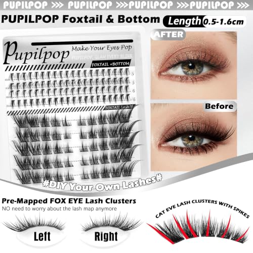 Fox Eye Lash Clusters Kit - 4 Styles with Bottom Lashes, 60D/80D/100D, Fox Eye Variation