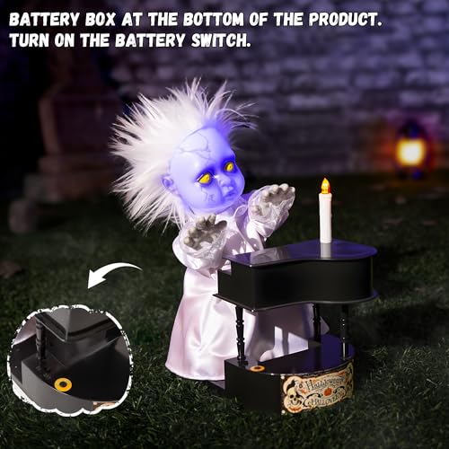 Halloween Animatronic Decor - Creepy Doll with Piano, Light Up Face & Sound Activation - 13.7'' Haunted House Prop - Variation: Animated Piano-Playing Doll