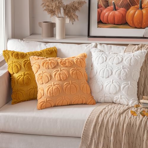 16x16 Fall Pumpkin Pillow Covers Set of 2 - White Decor for Couch & Outdoor