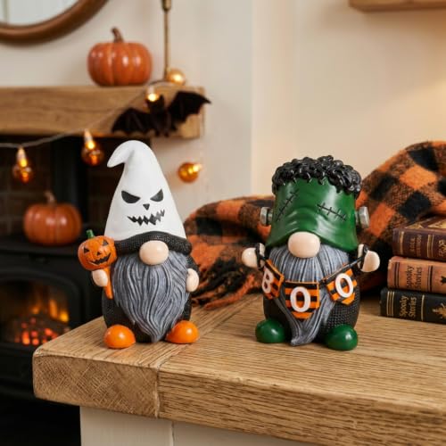 Halloween Gnome Decorations Set - Resin Ghost & Frankenstein Figures, 4-Inch Miniature