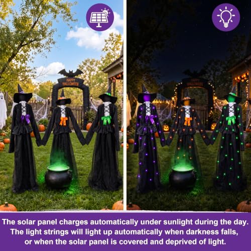 3 Witches Halloween Light Up Decoration Set - Outdoor Ghostly Yard Prop with Solar Power & Remote