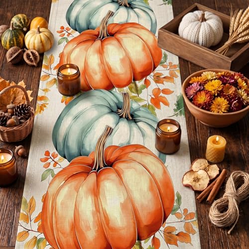 Fall Pumpkin Table Runner 13x72 Inches with 4 Placemats - Autumn Decor