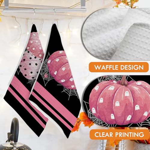 Halloween Kitchen Towels Set of 2 Pink Pumpkin and Spider Web Design - Creative Gift for Halloween
