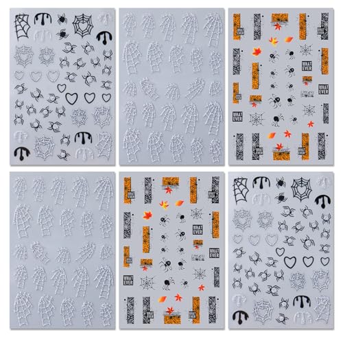 Halloween Nail Art Stickers - Silver Glitter Spider & Web Decals, 6 Sheets