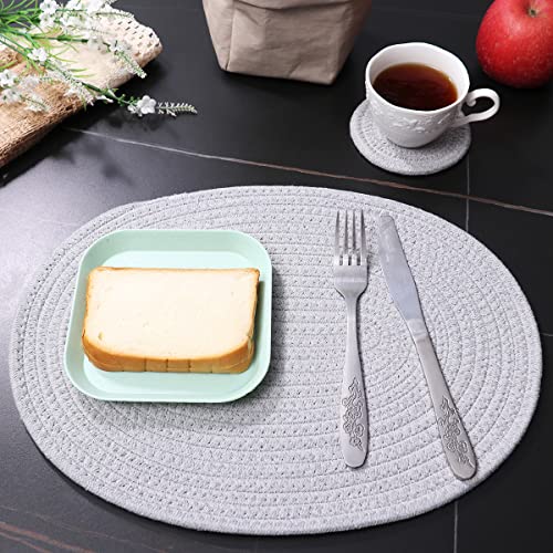 Gray Oval Woven Placemat Set of 4 with Round Coasters - Cotton Rope Table Mats