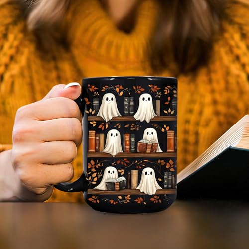 Ghost Reading Book Mug with Keychain - 15oz Black Ceramic Coffee Cup Gift for Book Lovers - Bookish Halloween Gift - Book Ghost Variation