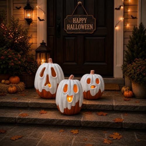 Medium Ghost Pumpkin Halloween Decor with Flameless Candle - Indoor Outdoor Centerpiece