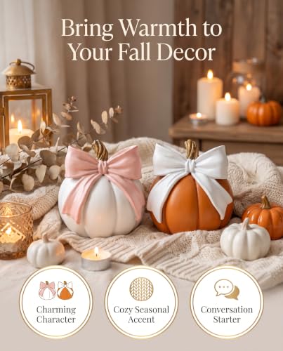 8-Inch Oversized Pumpkin Duo with Bow - Fall Indoor Outdoor Decor Set
