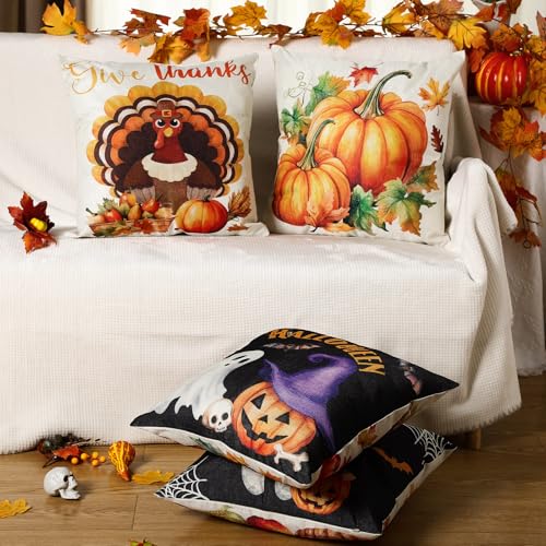 Amyhill 4-Pack Fall Pillow Covers 18x18 Inch Halloween & Thanksgiving Retro Design