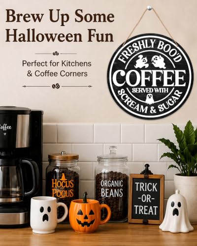 Halloween Coffee Bar Sign - Ghost Welcome Sign for Front Door, Wooden Wall Decor, Farmhouse Office Kitchen - Coffee Variation