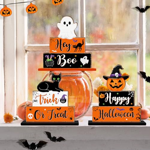 Halloween Wooden Table Signs Set - Ghost Pumpkin Bat Black Cat Decor - 3 Pieces