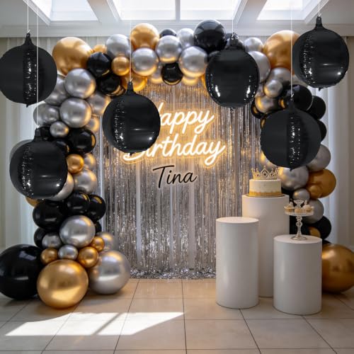 Black 4D Round Balloons - Metallic Mirror Finish Helium Balloons for Party Backdrop, 6 Pack - Black