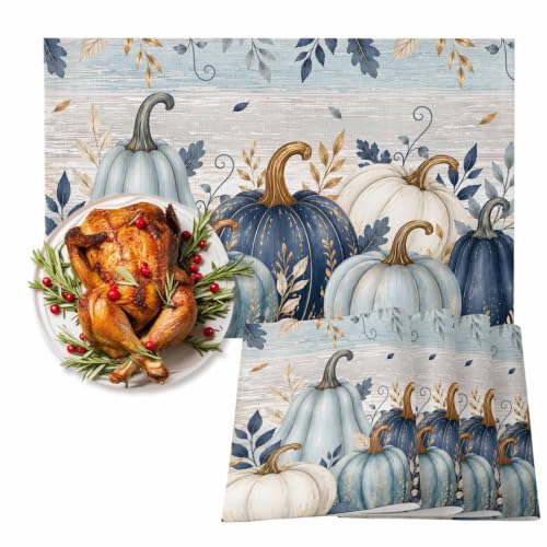 Fall Thanksgiving Placemats Set of 6 - Teal Blue White Pumpkin Autumn Decor - 18x12 Inches