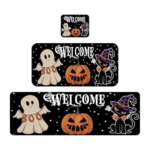 Halloween Kitchen Rugs Set with Non-Slip Mat and Mouse Pad - Ghost & Black Cat Design