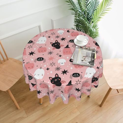 Pink Halloween Round Tablecloth 60 Inch Ghost Pumpkin Decoration, Washable & Wrinkle-Resistant