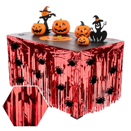 Red Sequin Halloween Tablecloth 28x106 Inch with Spider Decorations