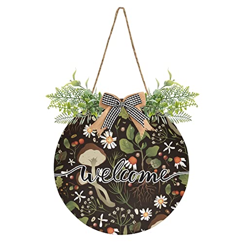 Mushroom Daisy Welcome Sign Farmhouse Front Porch Decor Door Hanging Wreath - 12 x 12 in