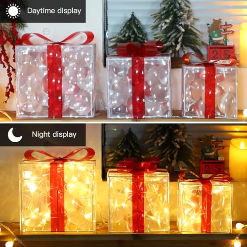 Light Up Christmas Gift Boxes Set of 3 with Warm White LEDs - Indoor Outdoor Holiday Decor
