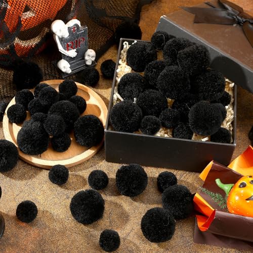 Black Yarn Pom Poms Set - Large & Small DIY Craft Decor, 60 Pieces
