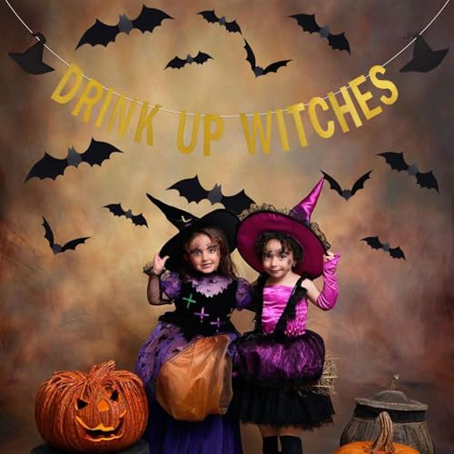 Halloween Banner with Bat Stickers - Gold Drink Up Party Decorations Indoor